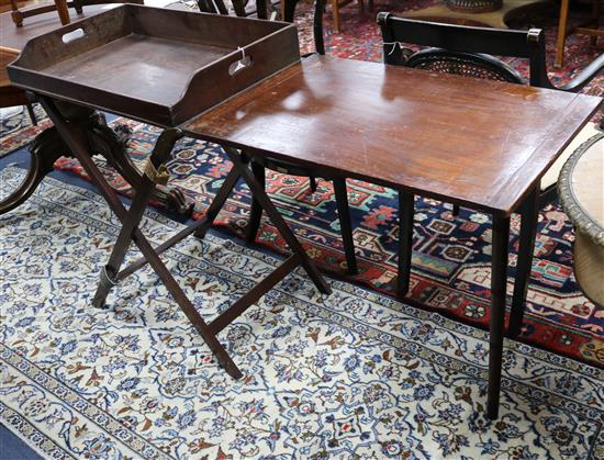 A Victorian mahogany campaign butlers tray on stand with companion serving table W.144cm with leaf extended